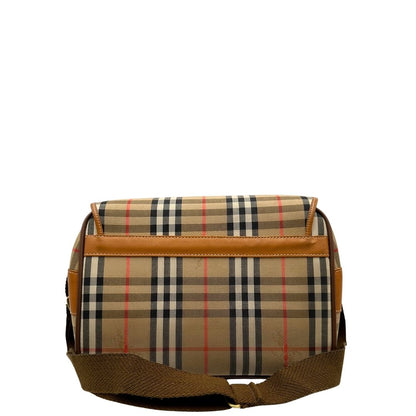 retro Borsa Burberry in tessuto beige tartan con finiture in pelle color cognac e parti metalliche dorate; munita di un manico regolabile in tessuto, di lusso, ottime condizioni, usata. 