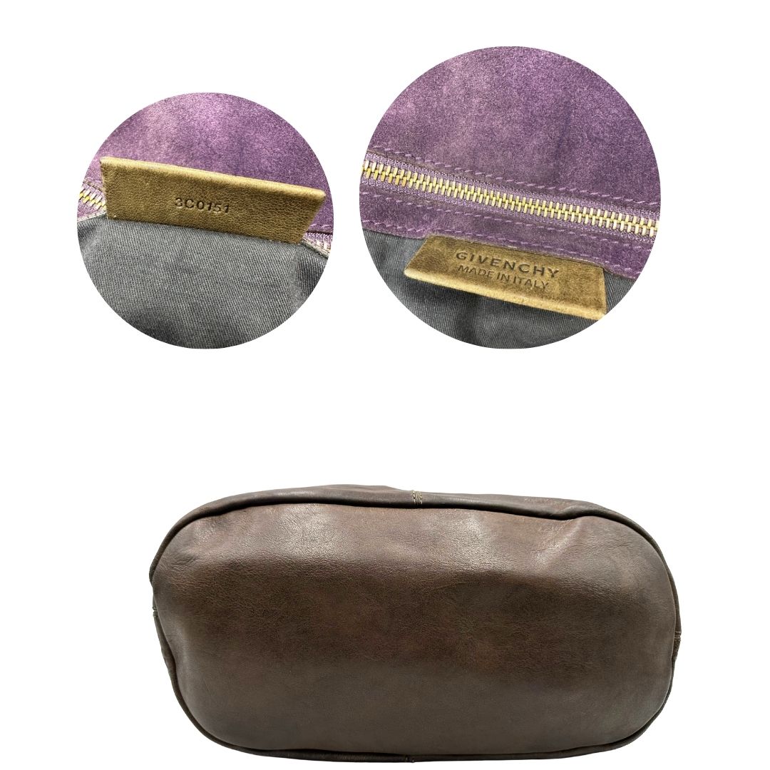 base Borsa Nightingale Givenchy in pelle marrone con parti metalliche dorate; munita di doppi manici e un manico singolo amovibile, da portare a spalla o a mano. Completa di dustbag, di lusso, originale, ottime condizioni, usata 