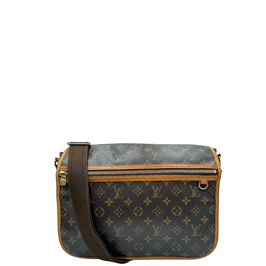 front Borsa Messenger Bosphore Louis Vuitton in canvas marrone monogram con finiture in vacchetta naturale, tracolla in tessuto regolabile e parti metalliche dorate, di lusso, originale, ottime condizioni, usata.