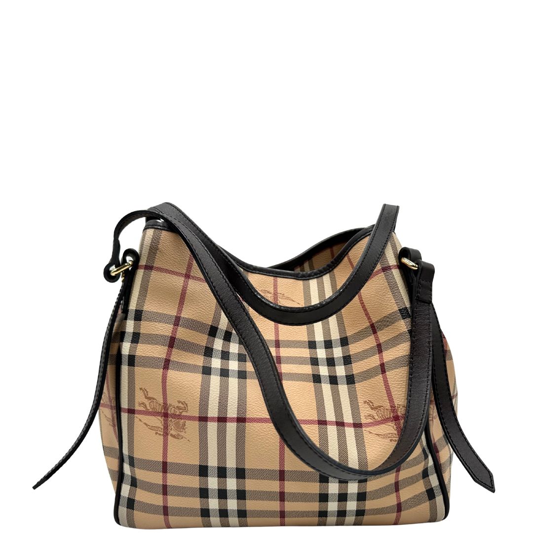 retro Borsa Burberry in canvas trama tartan sui toni del beige con finiture in pelle nere e parti metalliche dorate; munita di doppi manici, indossabile a spalla. Munita di pochette estraibile. Completa di dustbag, di lusso, originale, ottime condizioni, usata. 
