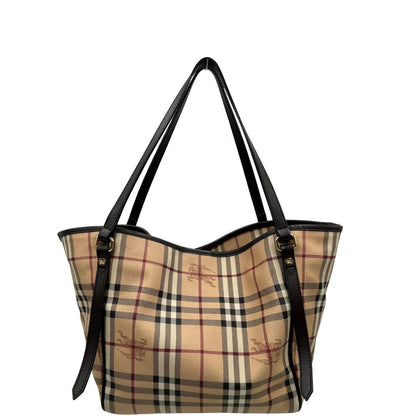 front Borsa Burberry in canvas trama tartan sui toni del beige con finiture in pelle nere e parti metalliche dorate; munita di doppi manici, indossabile a spalla. Munita di pochette estraibile. Completa di dustbag, di lusso, originale, ottime condizioni, usata.