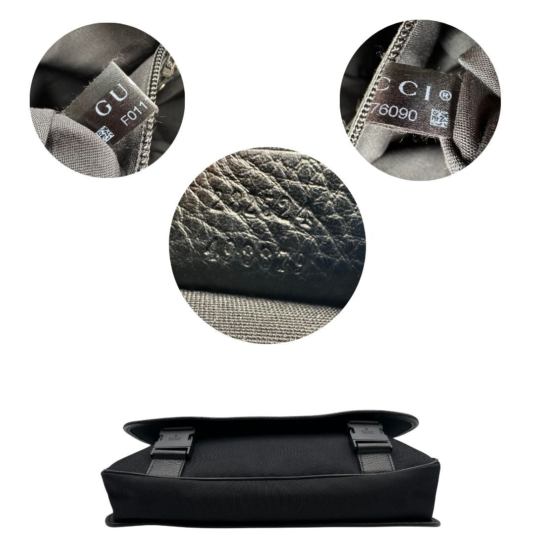 base Borsa Gucci in tessuto nero con finiture in pelle tono su tono; munita di una tracolla in tessuto regolabile, di lusso, originale, ottime condizioni, usata. 