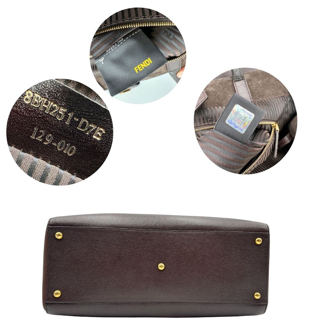 Base e codice di una Borsa Fendi 2Jours in pelle saffiano marrone cioccolato con dettagli laterali in pelle liscia tono su tono, rifinita con Tag amovibile decorativo, parti metalliche dorate. Da indossare a mano. Completa di dustbag. Originale, usata, di lusso, in ottime condizioni.