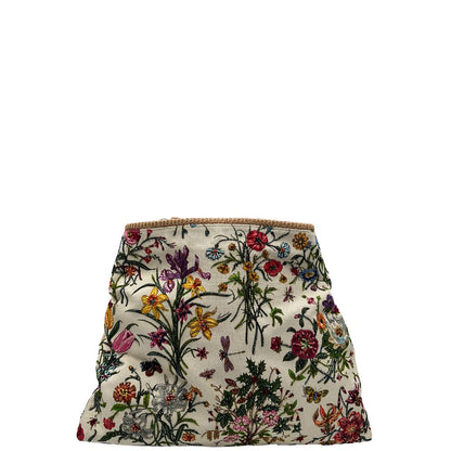 retro Borsa Gucci in tessuto bianco con ricami floreali multicolor, finiture in pelle rosa e parti metalliche dorate; munita di un manico singolo. Completa di dustbag, di lusso, originale, ottime condizioni. 