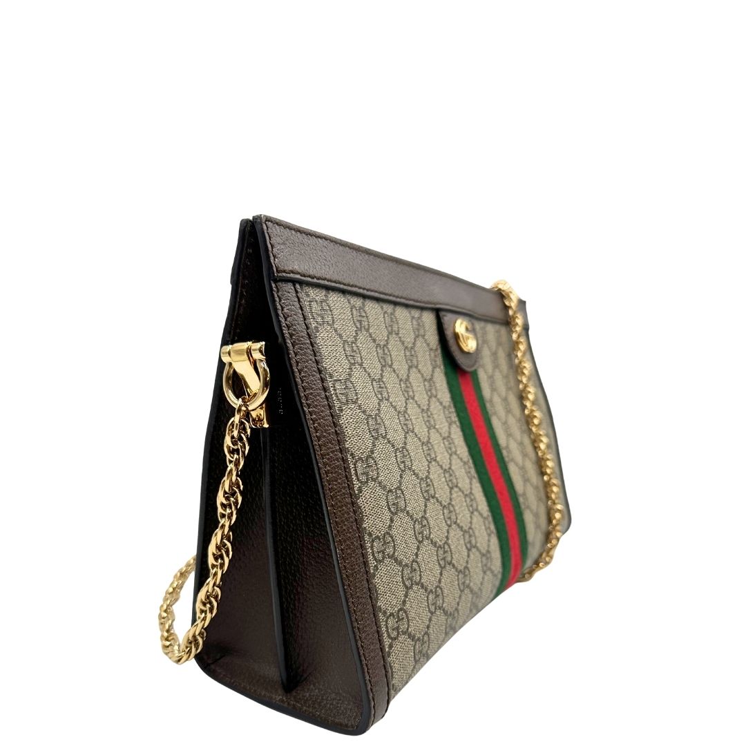 lato Borsa Gucci in canvas GG beige con finiture in pelle marroni e parti metalliche dorate, impreziosita da una striscia Web verde e rossa e logo GG sul front; munita di una tracolla in catena. Completa di dustbag, di lusso, originale, ottime condizioni, usata. 