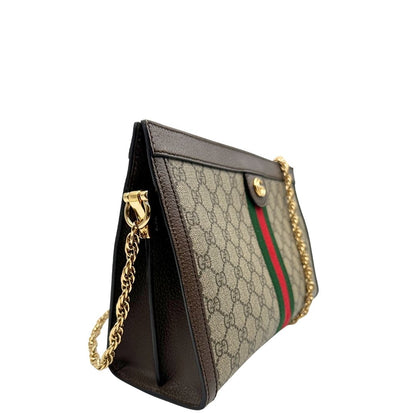 lato Borsa Gucci in canvas GG beige con finiture in pelle marroni e parti metalliche dorate, impreziosita da una striscia Web verde e rossa e logo GG sul front; munita di una tracolla in catena. Completa di dustbag, di lusso, originale, ottime condizioni, usata. 