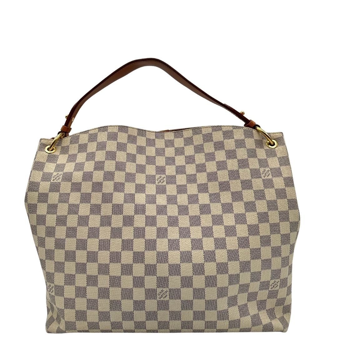 retro Borsa Louis Vuitton in canvas damier azur con finiture in vacchetta naturale e parti metalliche dorate; munita di un manico singolo, indossabile a spalla, di lusso, originale, ottime condizioni, usata. 