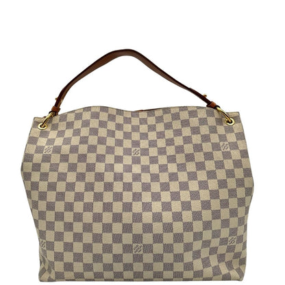 retro Borsa Louis Vuitton in canvas damier azur con finiture in vacchetta naturale e parti metalliche dorate; munita di un manico singolo, indossabile a spalla, di lusso, originale, ottime condizioni, usata. 