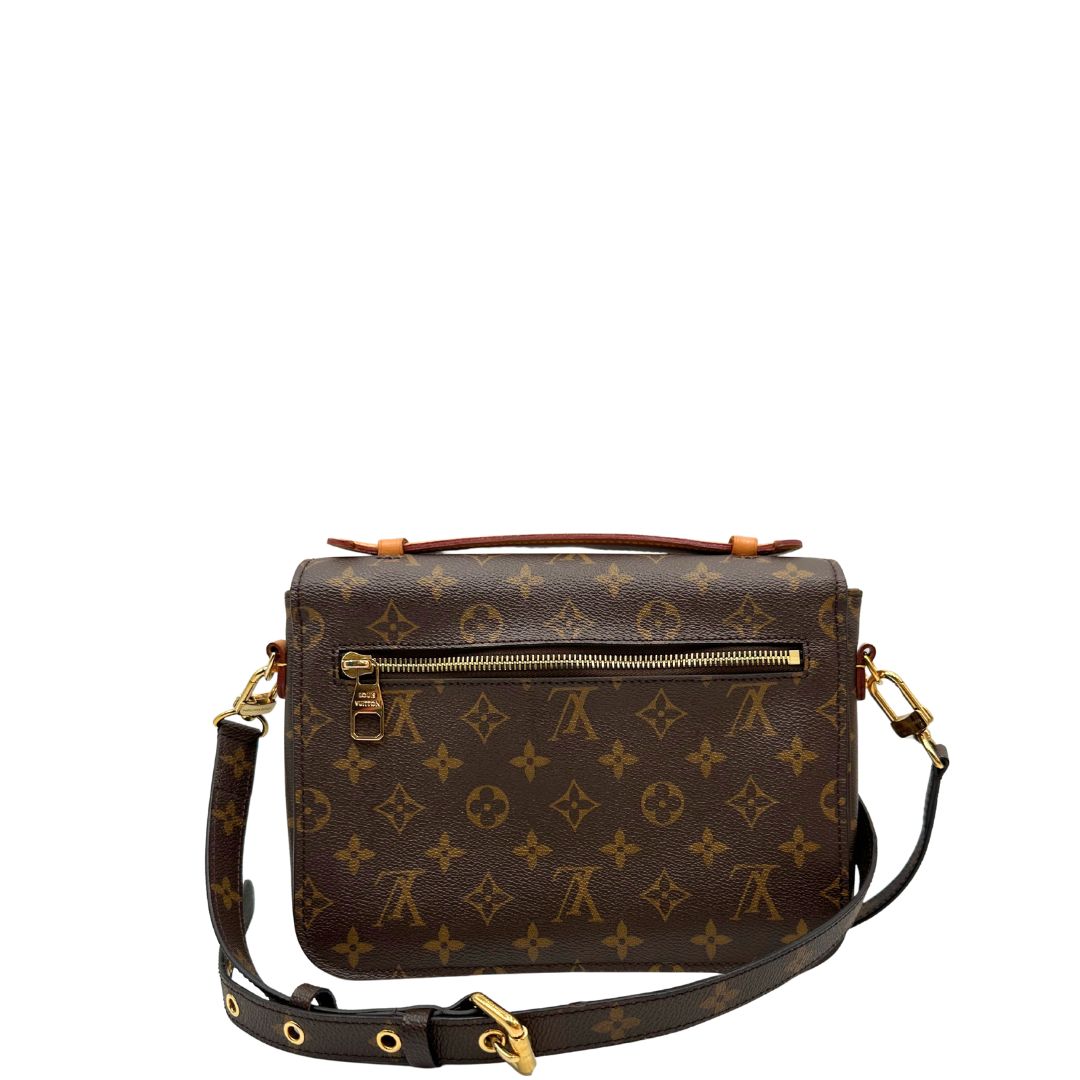 retro Borsa Louis Vuitton Métis in canvas marrone monogram con dettagli in vacchetta naturale e parti metalliche dorate. Munita di un manico singolo e una tracolla regolabile e amovibile, di lusso, originale, ottime condizioni, usata. 
