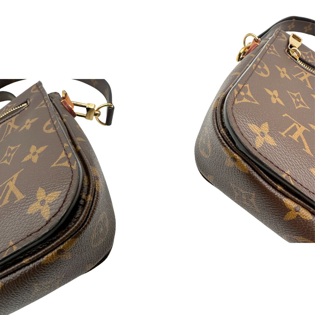 angoli Borsa Louis Vuitton Métis in canvas marrone monogram con dettagli in vacchetta naturale e parti metalliche dorate. Munita di un manico singolo e una tracolla regolabile e amovibile, di lusso, originale, ottime condizioni, usata.