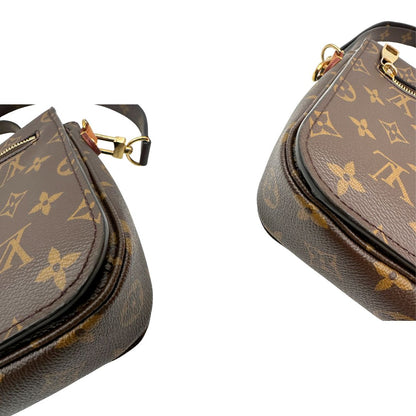 angoli Borsa Louis Vuitton Métis in canvas marrone monogram con dettagli in vacchetta naturale e parti metalliche dorate. Munita di un manico singolo e una tracolla regolabile e amovibile, di lusso, originale, ottime condizioni, usata.