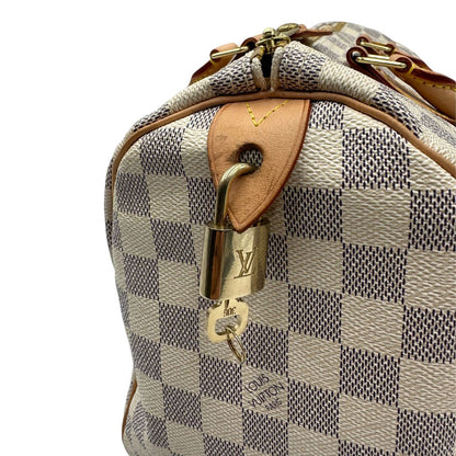 Borsa Speedy 30 Louis Vuitton in canvas Damier Azur con finiture in vacchetta naturale e parti metalliche dorate. Completo di lucchetto, chiavi e corredo, di lusso, originale, ottime condizioni, usata. 
