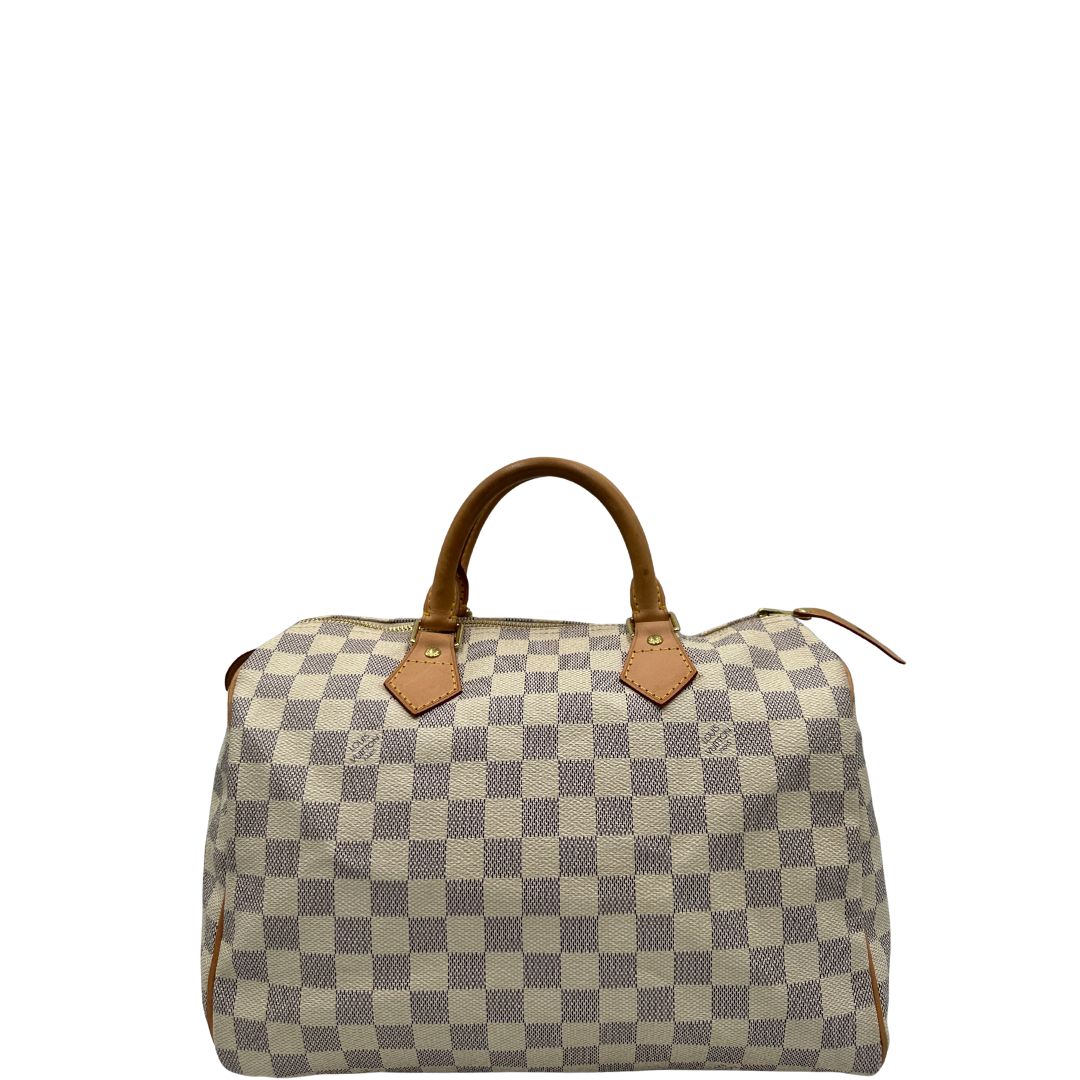 front Borsa Speedy 30 Louis Vuitton in canvas Damier Azur con finiture in vacchetta naturale e parti metalliche dorate. Completo di lucchetto, chiavi e corredo, di lusso, originale, ottime condizioni, usata. 
