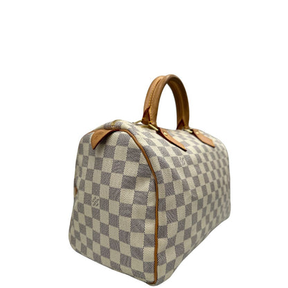 lato Borsa Speedy 30 Louis Vuitton in canvas Damier Azur con finiture in vacchetta naturale e parti metalliche dorate. Completo di lucchetto, chiavi e corredo, di lusso, originale, ottime condizioni, usata. 