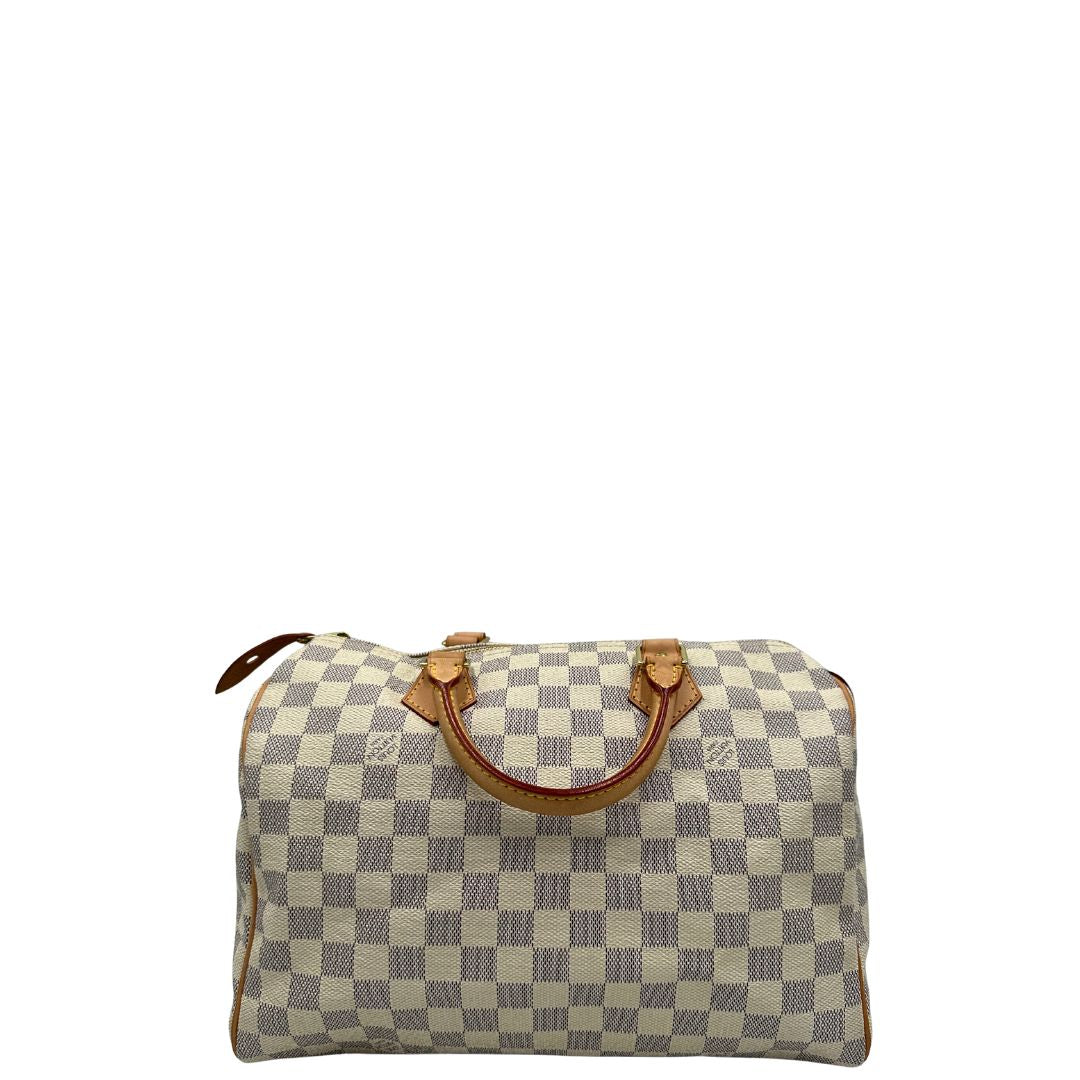 retro Borsa Speedy 30 Louis Vuitton in canvas Damier Azur con finiture in vacchetta naturale e parti metalliche dorate. Completo di lucchetto, chiavi e corredo, di lusso, originale, ottime condizioni, usata.