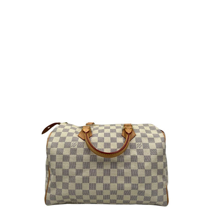 retro Borsa Speedy 30 Louis Vuitton in canvas Damier Azur con finiture in vacchetta naturale e parti metalliche dorate. Completo di lucchetto, chiavi e corredo, di lusso, originale, ottime condizioni, usata.
