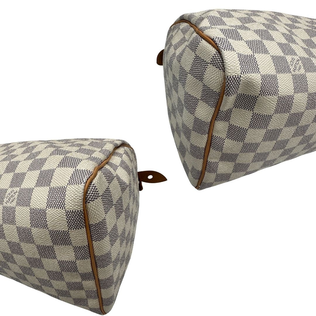 angoli Borsa Speedy 30 Louis Vuitton in canvas Damier Azur con finiture in vacchetta naturale e parti metalliche dorate. Completo di lucchetto, chiavi e corredo, di lusso, originale, ottime condizioni, usata. 
