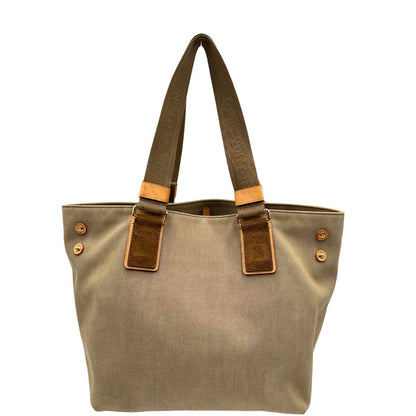 Retro di una Borsa Louis Vuitton Limited Edition in tela beige con dettagli in pelle scamosciata marrone e in vacchetta naturale, parti metalliche dorate; munita di doppi manici in tessuto, indossabile a spalla. Completa di dustbag. Originale, usata, di lusso, in ottime condizioni