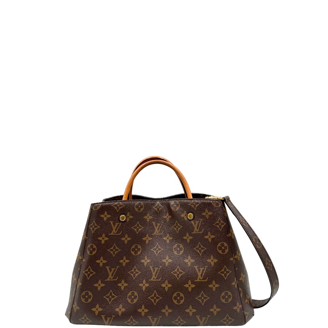 front  Borsa Louis Vuitton in canvas marrone monogram con finiture in vacchetta naturale e parti metalliche dorate; munita di doppi manici stondati, e una tracolla amovibile, di lusso, originale, ottime condizioni, usata. 
