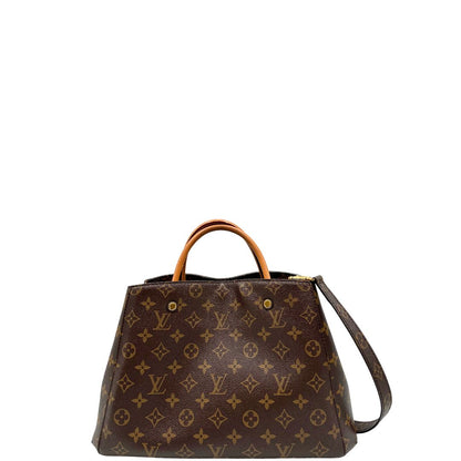 front  Borsa Louis Vuitton in canvas marrone monogram con finiture in vacchetta naturale e parti metalliche dorate; munita di doppi manici stondati, e una tracolla amovibile, di lusso, originale, ottime condizioni, usata. 