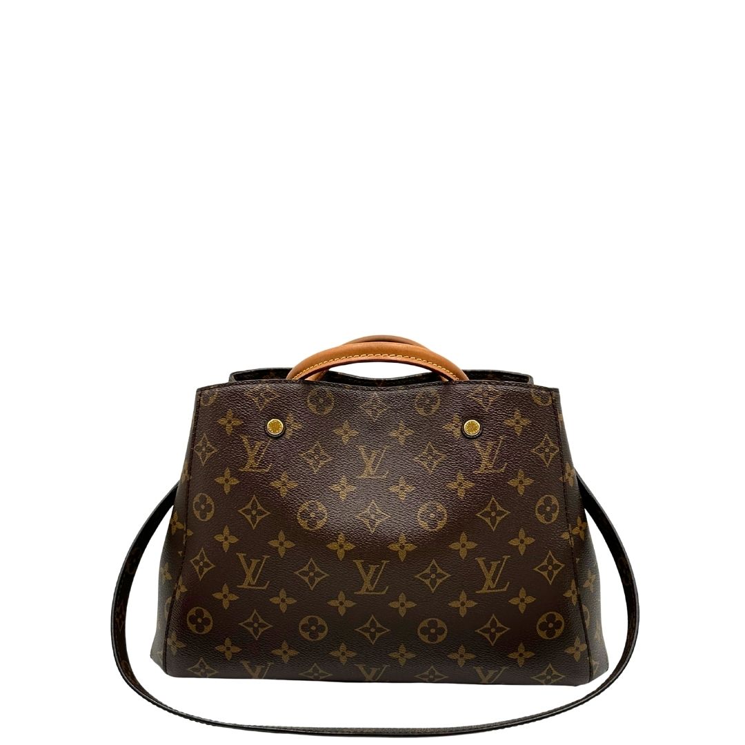 retro  Borsa Louis Vuitton in canvas marrone monogram con finiture in vacchetta naturale e parti metalliche dorate; munita di doppi manici stondati, e una tracolla amovibile, di lusso, originale, ottime condizioni, usata. 