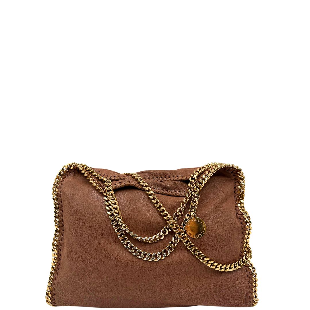 front Borsa Stella McCartney Falabella in tessuto vegano color cameo rifinita con catene in metallo dorato. Completa di dustbag, di lusso, originale, ottime condizioni, usata. 