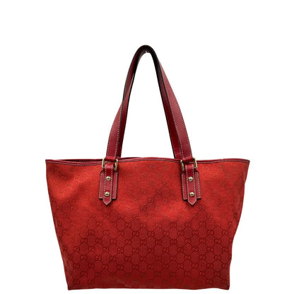 front  Borsa Gucci in tessuto GG color rosso corallo con finiture in pelle tono su tono e parti metalliche dorate; munita di doppi manici, indossabile a spalla. Completa di dustbag, di lusso, originale, usata. 