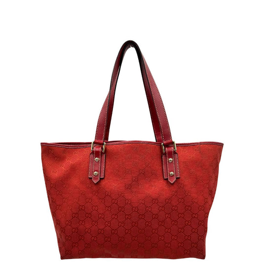 front  Borsa Gucci in tessuto GG color rosso corallo con finiture in pelle tono su tono e parti metalliche dorate; munita di doppi manici, indossabile a spalla. Completa di dustbag, di lusso, originale, usata. 