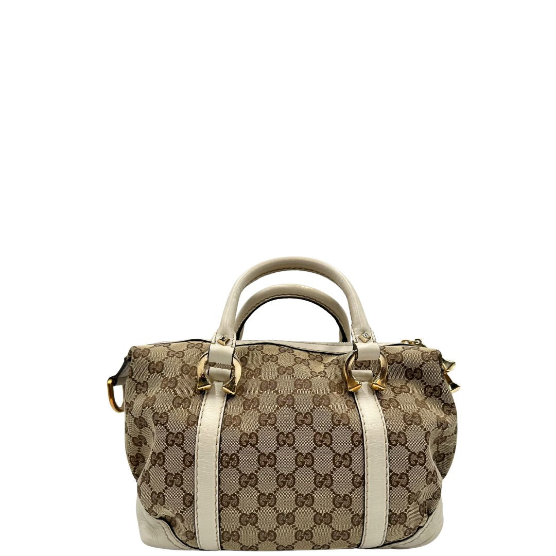 front  Borsa Gucci in tessuto GG beige con finiture in pelle color avorio e parti metalliche; munita di doppi manici stondati, da portare a mano. Completa di dustbag, di lusso, originale, ottime condizioni, usato. 