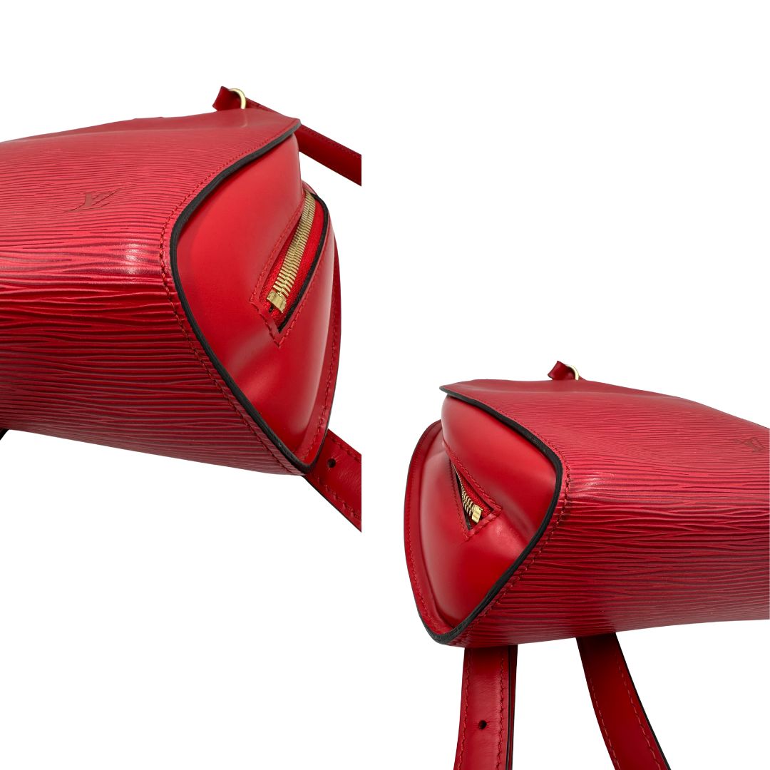 angoli Zaino Louis Vuitton in pelle epi rossa con parti metalliche dorate; munito di doppie bretelle regolabili e un manico singolo rigido in metallo, di lusso, originale, ottime condizioni, usato. 