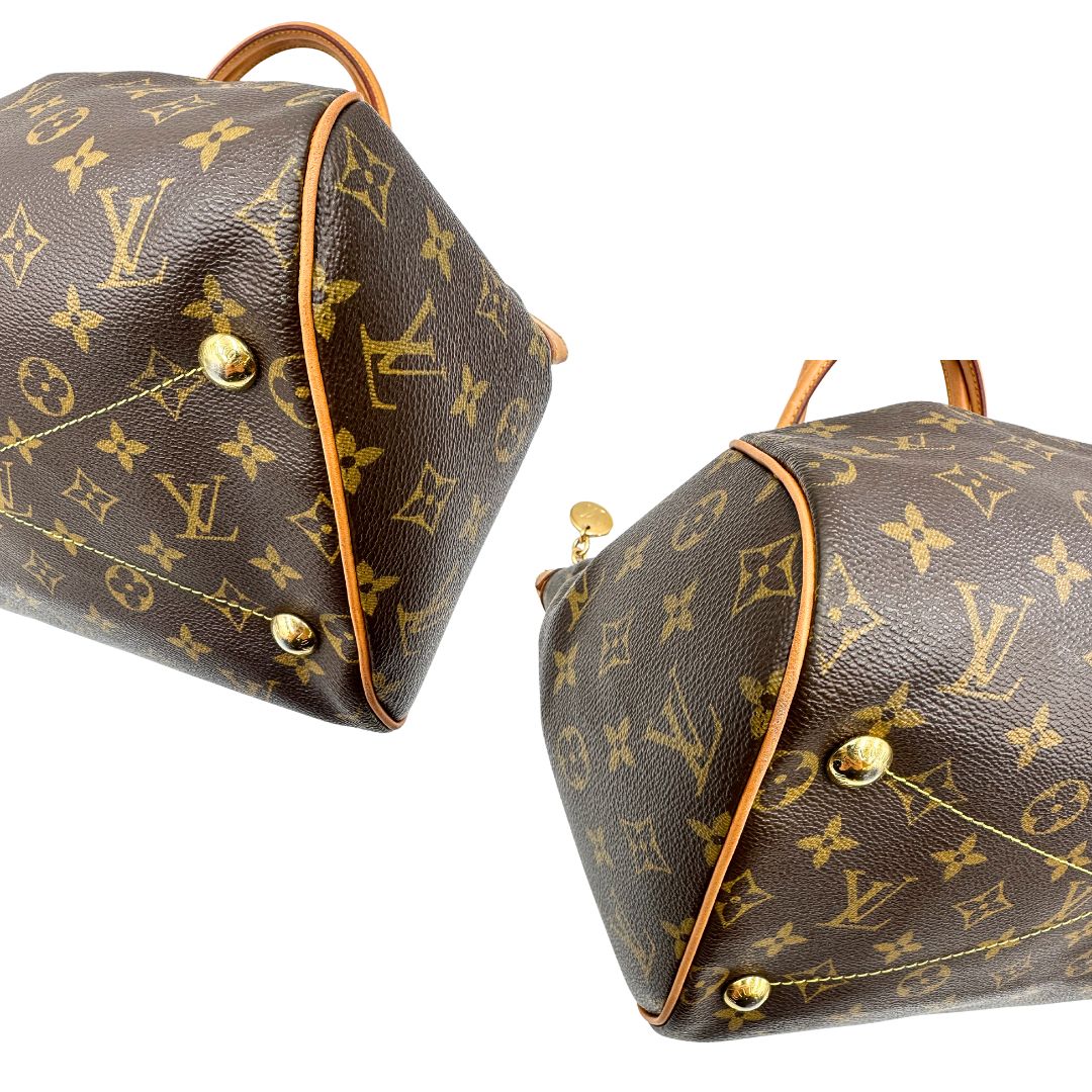 angoli  Borsa Louis Vuitton in canvas marrone monogram con finiture in vacchetta naturale e parti metalliche dorate; munita di doppi manici regolabile, da portare a mano o a spalla. Dotata di dustbag, di lusso, originale, ottime condizioni, usata. 
