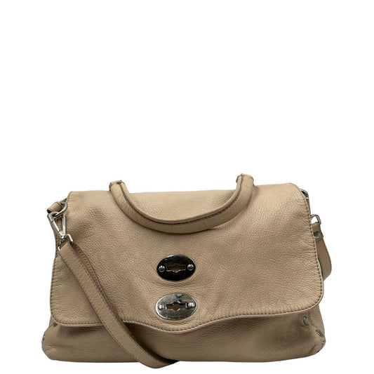 front  Borsa Zanellato in pelle martellata beige con parti metalliche argentate; munita di un manico singolo e una tracolla amovibile e regolabile, di lusso, originale, ottime condizioni, usata. 