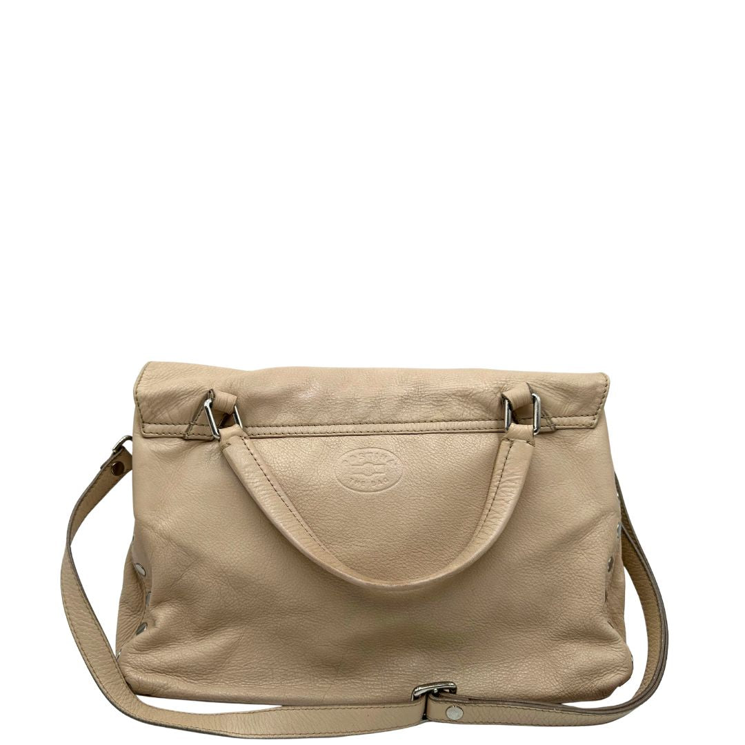 retro Borsa Zanellato in pelle martellata beige con parti metalliche argentate; munita di un manico singolo e una tracolla amovibile e regolabile, di lusso, originale, ottime condizioni, usata.