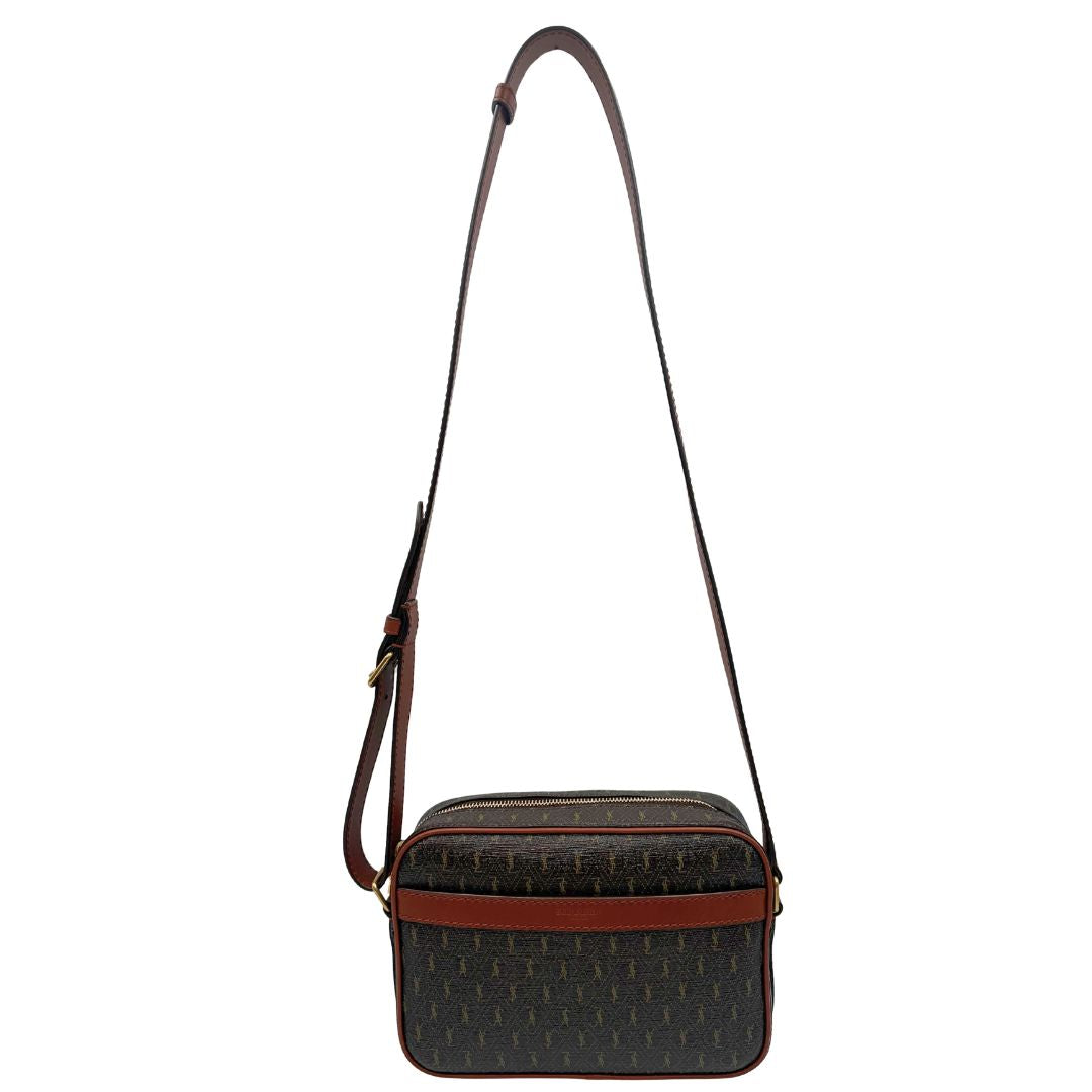 front  Borsa Saint Laurent in canvas marrone con mini loghi Cassandre, parti metalliche dorate e finiture in pelle color cognac; munita di una tracolla leggermente regolabile. Completa di dustbag, di lusso, originale, eccellenti condizioni, usata. 