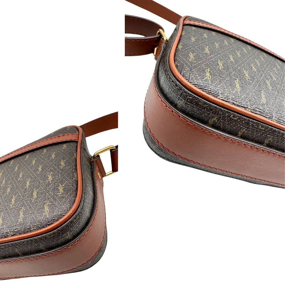 angoli  Borsa Saint Laurent in canvas marrone con mini loghi Cassandre, parti metalliche dorate e finiture in pelle color cognac; munita di una tracolla leggermente regolabile. Completa di dustbag, di lusso, originale, eccellenti condizioni, usata. 