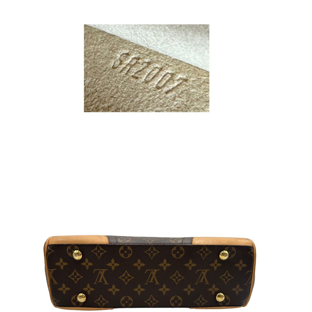 base e codice  Borsa Beverly LV in canvas marrone monogram, finiture in vacchetta naturale e metalleria dorata. Indossabile a spalla oppure a mano, di lusso, originale, ottime condizioni, usata. 
