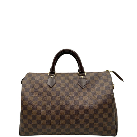 front  Borsa Louis Vuitton in canvas Damier Ébène marrone con finiture in pelle tono su tono e parti metalliche dorate; munita di doppi manici stondati, indossabile a mano. Completa di lucchetto e chiavi, di lusso, originale, ottime condizioni, usato. 