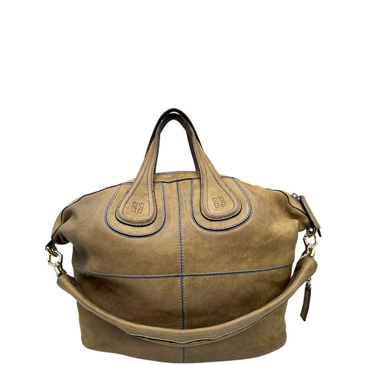 front  Borsa Givenchy Nightingale in pelle color verde oliva con parti metalliche dorate; munita di doppi manici e un manico amovibile. Completa di dustbag, di lusso, originale, ottime condizioni. 