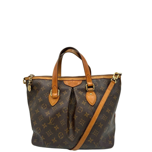 front Borsa Louis Vuitton in canvas marrone monogram con parti metalliche dorate e finiture in vacchetta naturale; munita di una tracolla amovibile e regolabile e doppi manici. Indossabile a spalla oppure a mano, di lusso, originale, ottime condizioni, usata. 