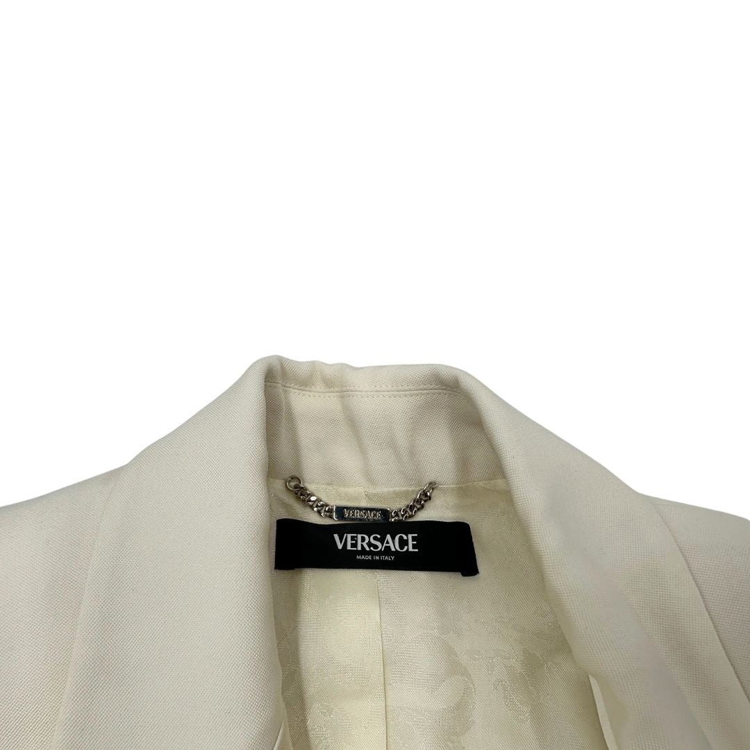 Vestito blazer Versace bianco in 100% lana vergine, con riporto in 78% seta e 22% poliestere, di lusso, originale, eccellenti condizioni.
