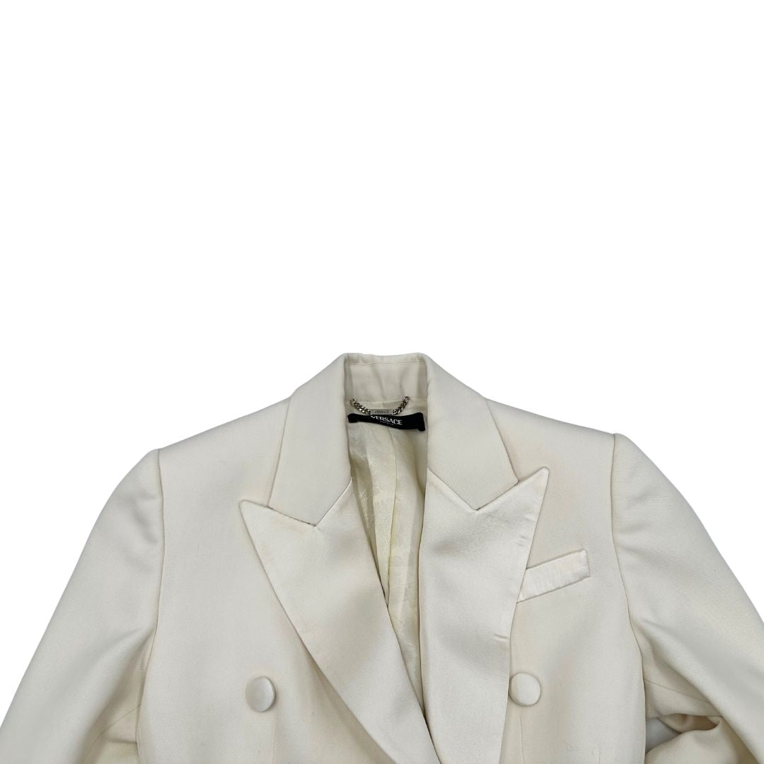 Vestito blazer Versace bianco in 100% lana vergine, con riporto in 78% seta e 22% poliestere, di lusso, originale, eccellenti condizioni.