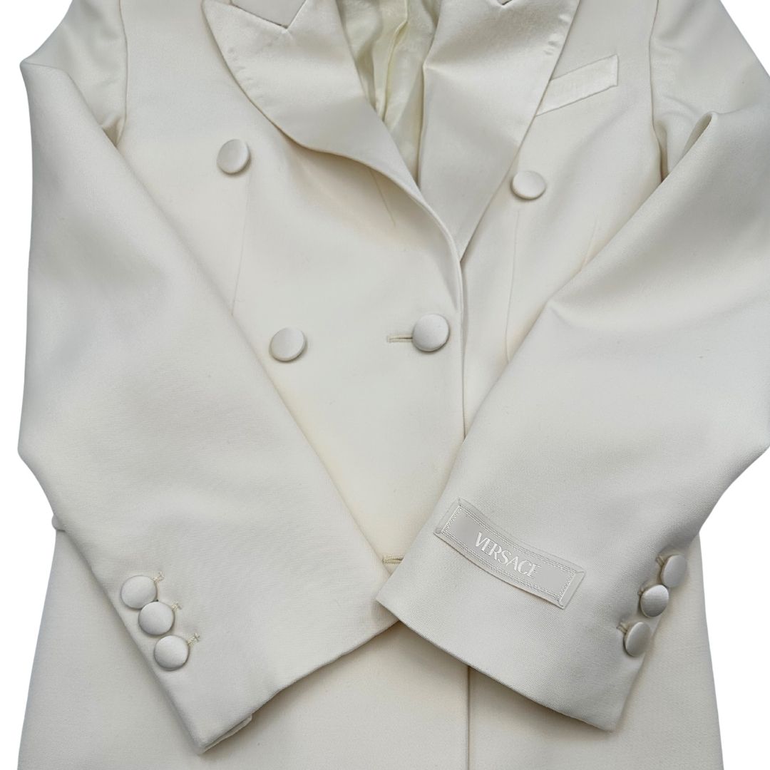 Vestito blazer Versace bianco in 100% lana vergine, con riporto in 78% seta e 22% poliestere, di lusso, originale, eccellenti condizioni.