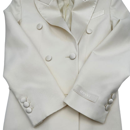 Vestito blazer Versace bianco in 100% lana vergine, con riporto in 78% seta e 22% poliestere, di lusso, originale, eccellenti condizioni.
