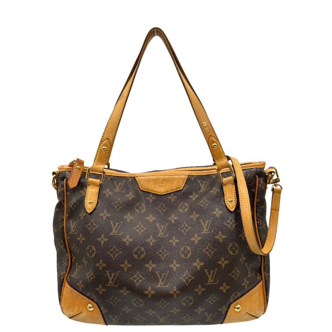 front Borsa Louis Vuitton in canvas marrone monogram con finiture in vacchetta naturale e parti metalliche dorate; munita di doppi manici, indossabile a spalla. Completa di dustbag, di lusso, originale, usata. 