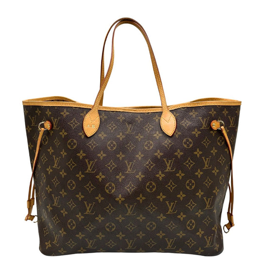 Front di una Borsa Louis Vuitton Neverfull GM in canvas marrone monogram con finiture in vacchetta naturale; munita di doppi manici, indossabile a spalla. Completa di dustbag. Originale, usata, di lusso, in ottime condizioni.