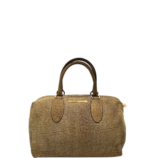 front  Borsa Borbonese in pelle scamosciata beige trama occhio di pernice e parti metalliche dorate; munita di doppi manici stondati. Completa di dustbag, di lusso, originale, ottime condizioni, usata. 