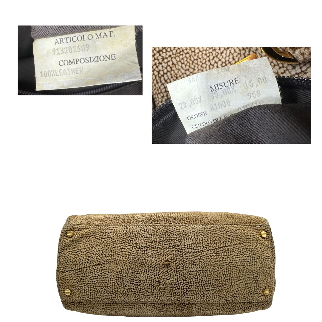 base  Borsa Borbonese in pelle scamosciata beige trama occhio di pernice e parti metalliche dorate; munita di doppi manici stondati. Completa di dustbag, di lusso, originale, ottime condizioni, usata. 