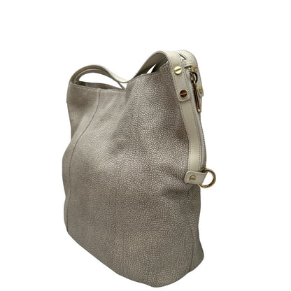 lato  Borsa Borbonese in canvas grigio trama occhio di pernice e parti metalliche dorate; munita di doppi manici, indossabile a spalla. Completa di dustbag, di lusso, originale, ottime condizioni, usata. 
