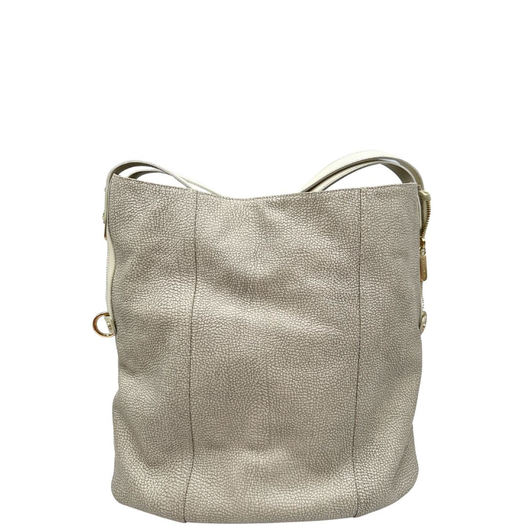  Borsa Borbonese in canvas grigio trama occhio di pernice e parti metalliche dorate; munita di doppi manici, indossabile a spalla. Completa di dustbag, di lusso, originale, ottime condizioni, usata. 