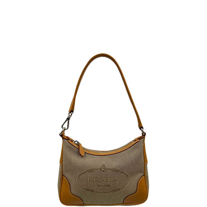 front Borsa Prada in tessuto color corda con finiture in pelle marroni e parti metalliche argentate; munita di un manico singolo, di lusso, originale, ottime condizioni. 